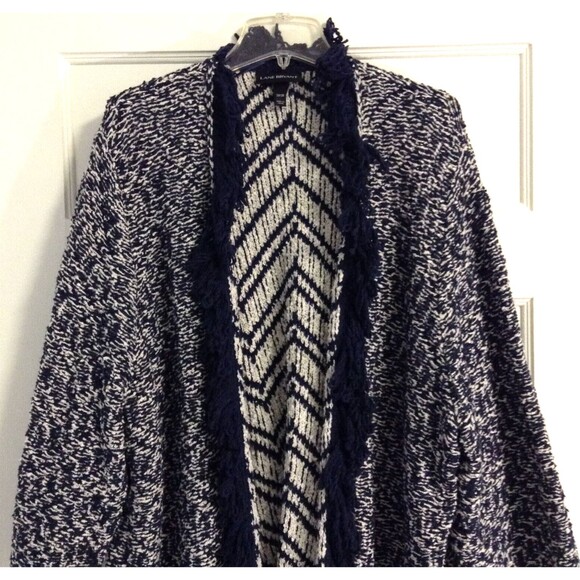 Lane Bryant Cardigan Sweater Wn 26/28 Blue White Striped Open Front Fringe Boho - Picture 3 of 11